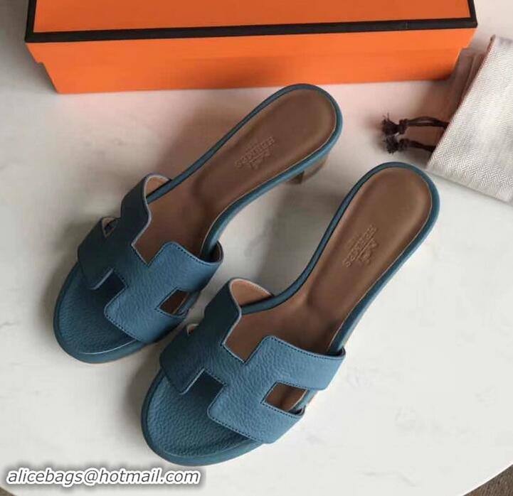 Luxury Hermes Heel 5cm Oasis Slipper Sandals in Togo Leather H701031 Denim Blue