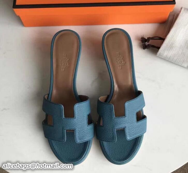 Luxury Hermes Heel 5cm Oasis Slipper Sandals in Togo Leather H701031 Denim Blue