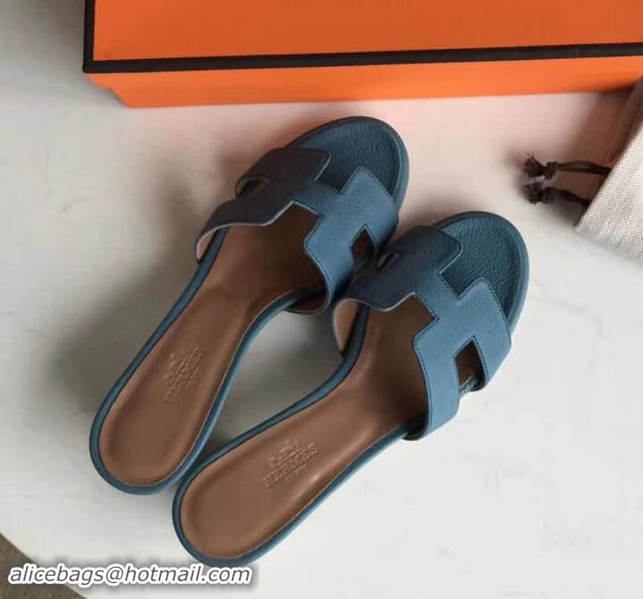 Luxury Hermes Heel 5cm Oasis Slipper Sandals in Togo Leather H701031 Denim Blue