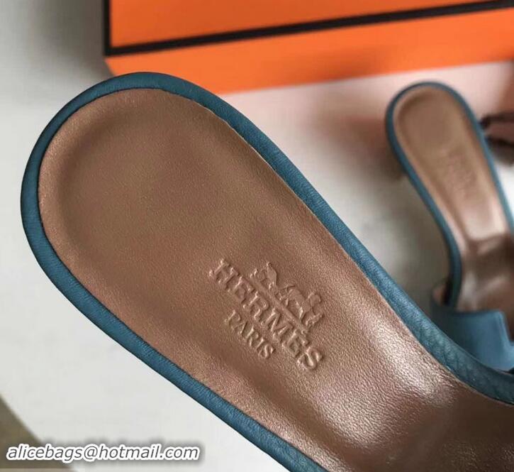 Luxury Hermes Heel 5cm Oasis Slipper Sandals in Togo Leather H701031 Denim Blue