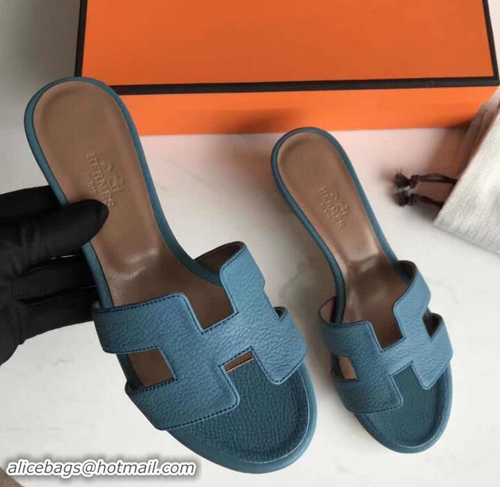 Luxury Hermes Heel 5cm Oasis Slipper Sandals in Togo Leather H701031 Denim Blue