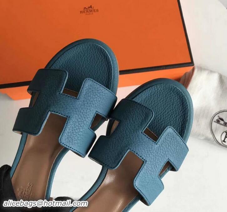 Luxury Hermes Heel 5cm Oasis Slipper Sandals in Togo Leather H701031 Denim Blue