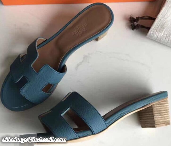 Luxury Hermes Heel 5cm Oasis Slipper Sandals in Togo Leather H701031 Denim Blue