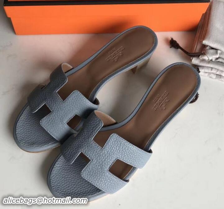 Best Price Hermes Heel 5cm Oasis Slipper Sandals in Togo Leather H701031 Baby Blue