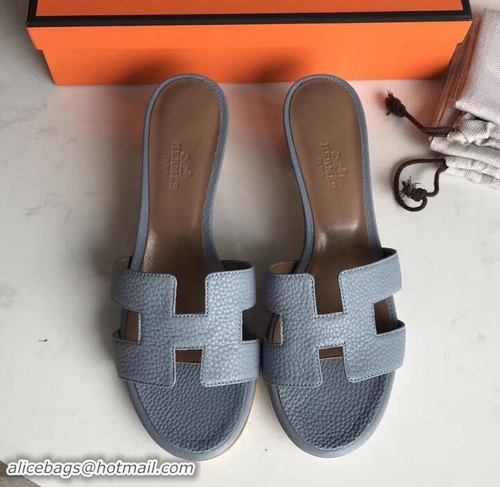 Best Price Hermes Heel 5cm Oasis Slipper Sandals in Togo Leather H701031 Baby Blue