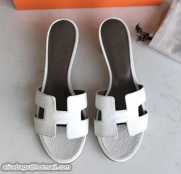 Fashion Hermes Heel 5cm Oasis Slipper Sandals in Togo Leather H701031 White