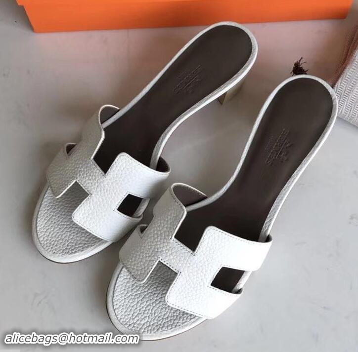 Fashion Hermes Heel 5cm Oasis Slipper Sandals in Togo Leather H701031 White