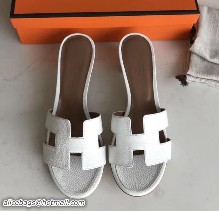 Elegant Hermes Heel 5cm Oasis Slipper Sandals in Togo Leather H701031 White/Brown