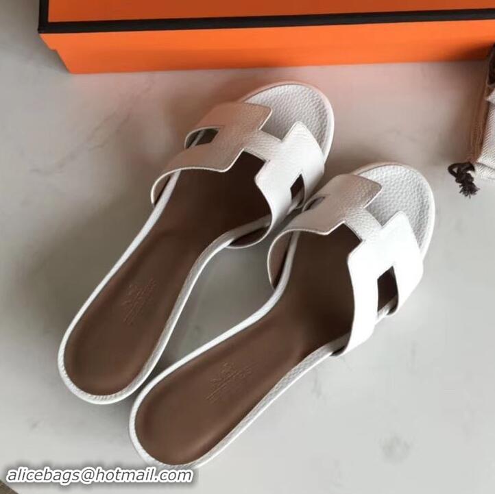 Elegant Hermes Heel 5cm Oasis Slipper Sandals in Togo Leather H701031 White/Brown