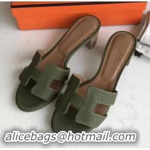 Luxury Style Hermes Heel 5cm Oasis Slipper Sandals in Togo Leather H701031 Olive Green