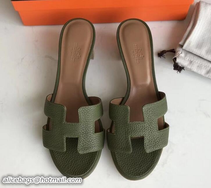 Luxury Style Hermes Heel 5cm Oasis Slipper Sandals in Togo Leather H701031 Olive Green