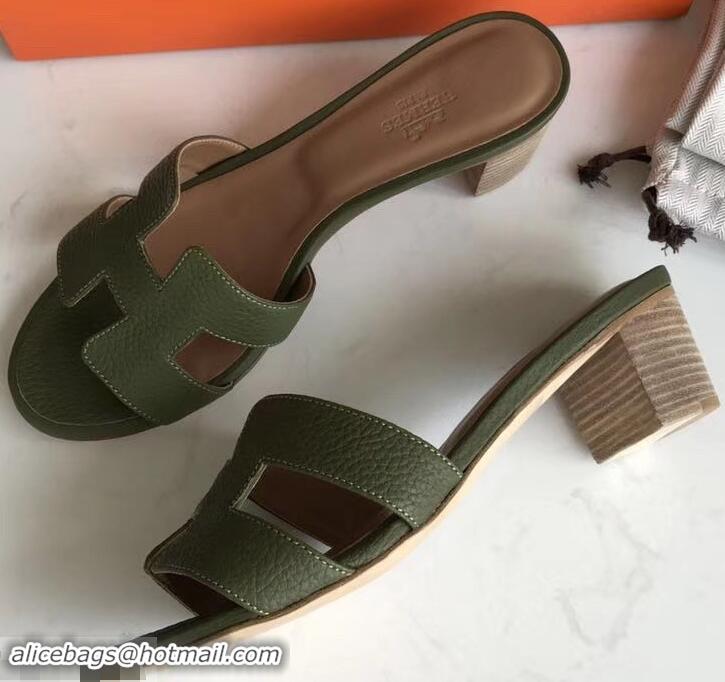 Luxury Style Hermes Heel 5cm Oasis Slipper Sandals in Togo Leather H701031 Olive Green