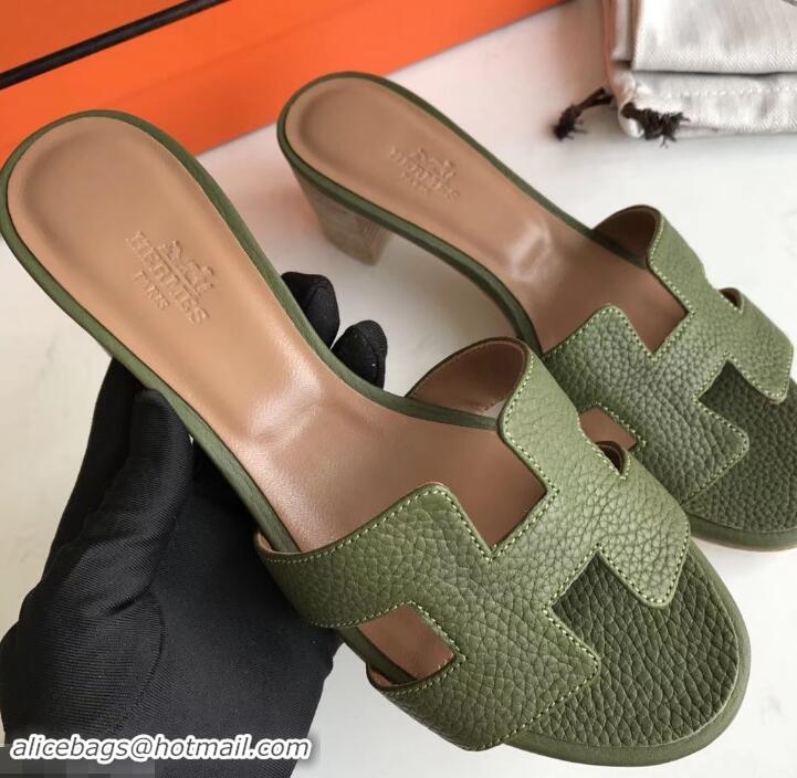 Luxury Style Hermes Heel 5cm Oasis Slipper Sandals in Togo Leather H701031 Olive Green