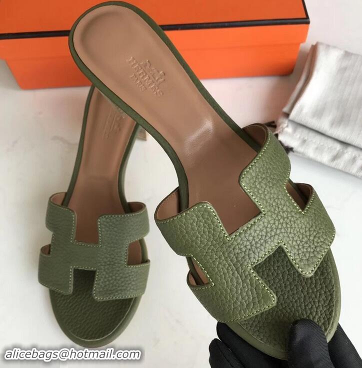 Luxury Style Hermes Heel 5cm Oasis Slipper Sandals in Togo Leather H701031 Olive Green