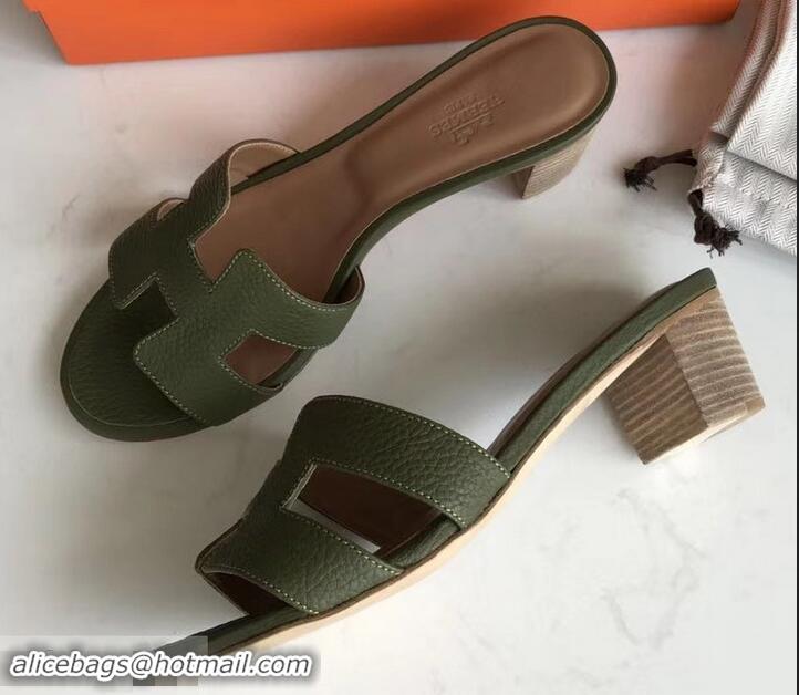 Luxury Style Hermes Heel 5cm Oasis Slipper Sandals in Togo Leather H701031 Olive Green