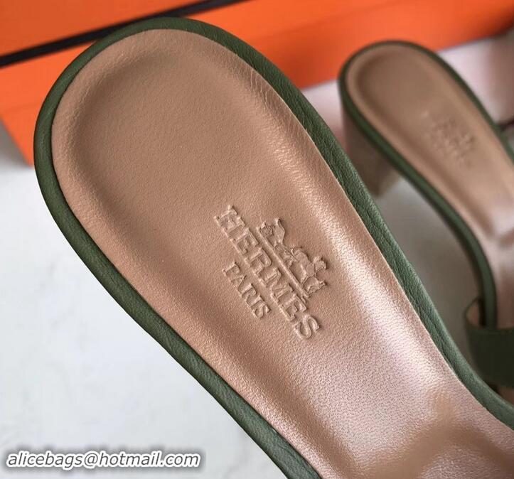 Luxury Style Hermes Heel 5cm Oasis Slipper Sandals in Togo Leather H701031 Olive Green