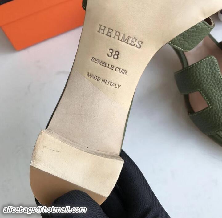 Luxury Style Hermes Heel 5cm Oasis Slipper Sandals in Togo Leather H701031 Olive Green