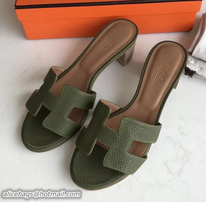 Luxury Style Hermes Heel 5cm Oasis Slipper Sandals in Togo Leather H701031 Olive Green