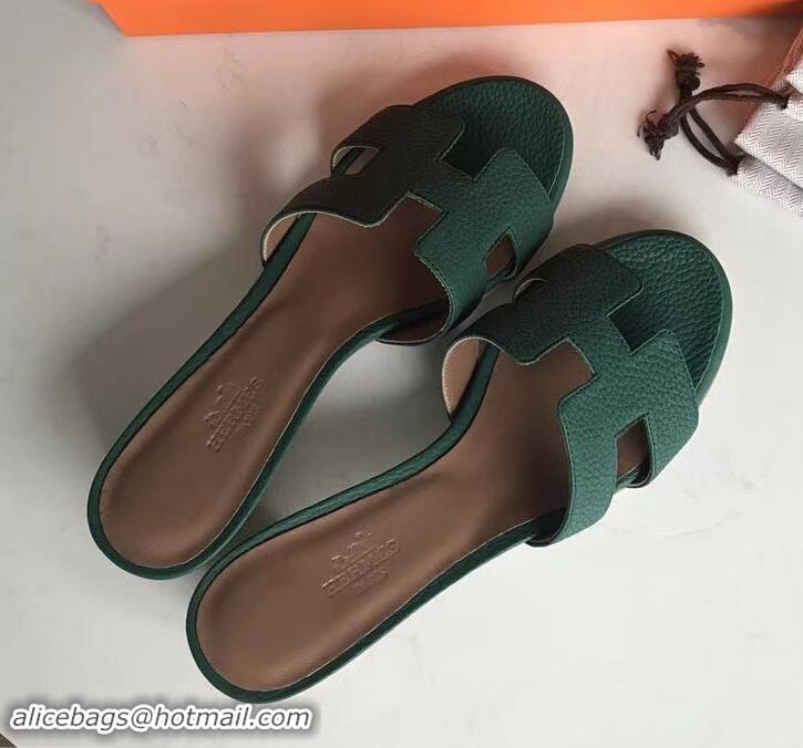 Grade Quality Hermes Heel 5cm Oasis Slipper Sandals in Togo Leather H701031 Green