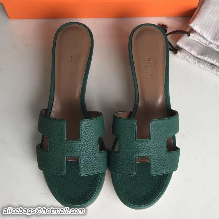 Grade Quality Hermes Heel 5cm Oasis Slipper Sandals in Togo Leather H701031 Green