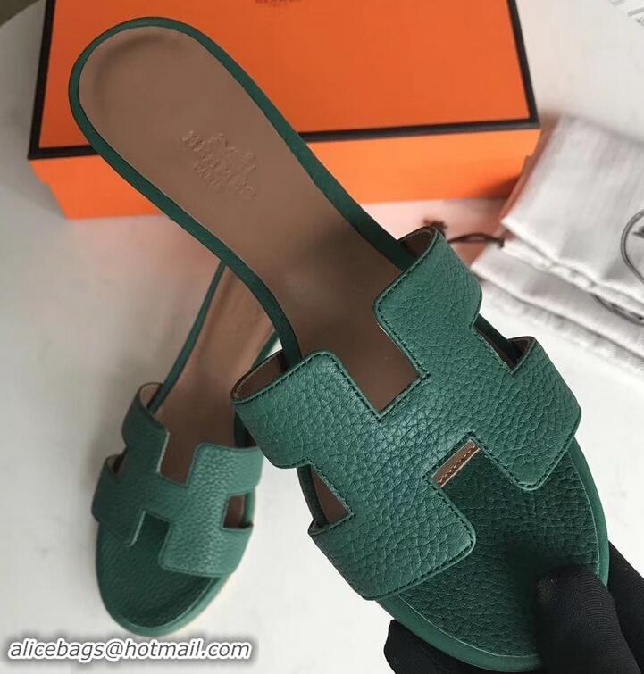 Grade Quality Hermes Heel 5cm Oasis Slipper Sandals in Togo Leather H701031 Green