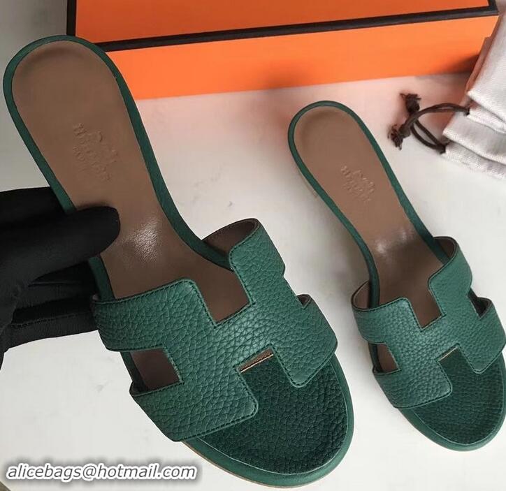 Grade Quality Hermes Heel 5cm Oasis Slipper Sandals in Togo Leather H701031 Green