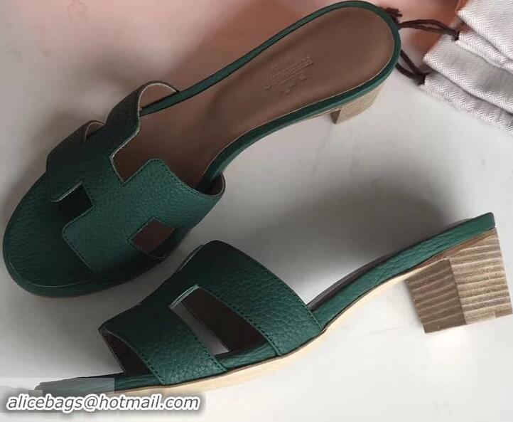 Grade Quality Hermes Heel 5cm Oasis Slipper Sandals in Togo Leather H701031 Green