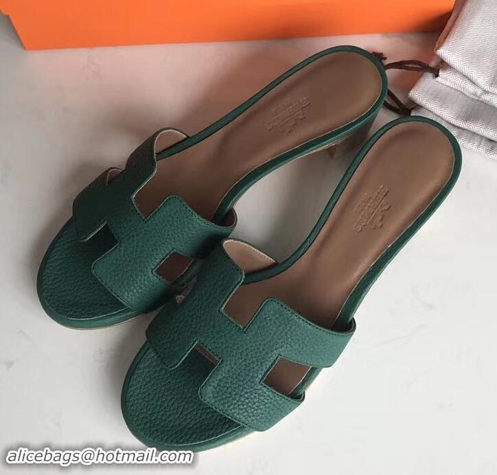 Grade Quality Hermes Heel 5cm Oasis Slipper Sandals in Togo Leather H701031 Green