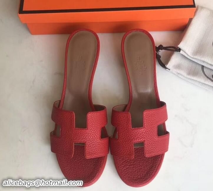 Crafted Hermes Heel 5cm Oasis Slipper Sandals in Togo Leather H701031 Red