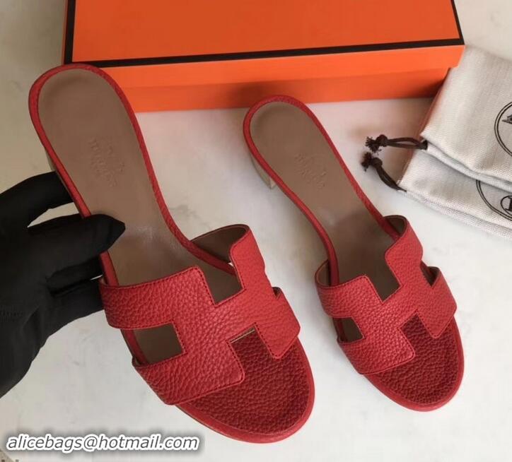 Crafted Hermes Heel 5cm Oasis Slipper Sandals in Togo Leather H701031 Red