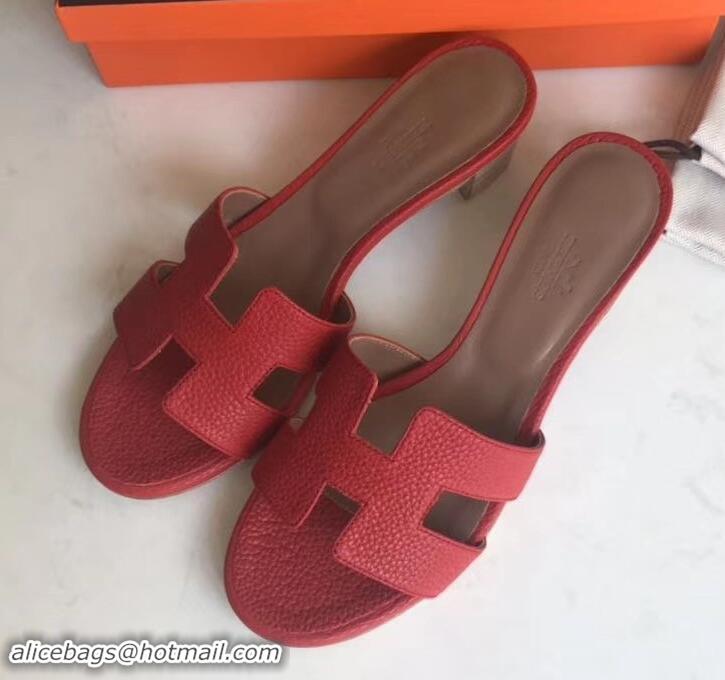 Crafted Hermes Heel 5cm Oasis Slipper Sandals in Togo Leather H701031 Red