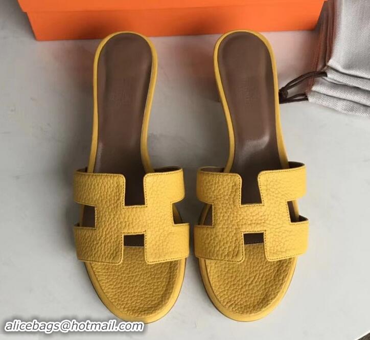 Pretty Style Hermes Heel 5cm Oasis Slipper Sandals in Togo Leather H701031 Yellow