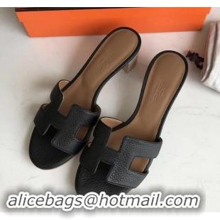 Expensive Hermes Heel 5cm Oasis Slipper Sandals in Togo Leather H701031 Black