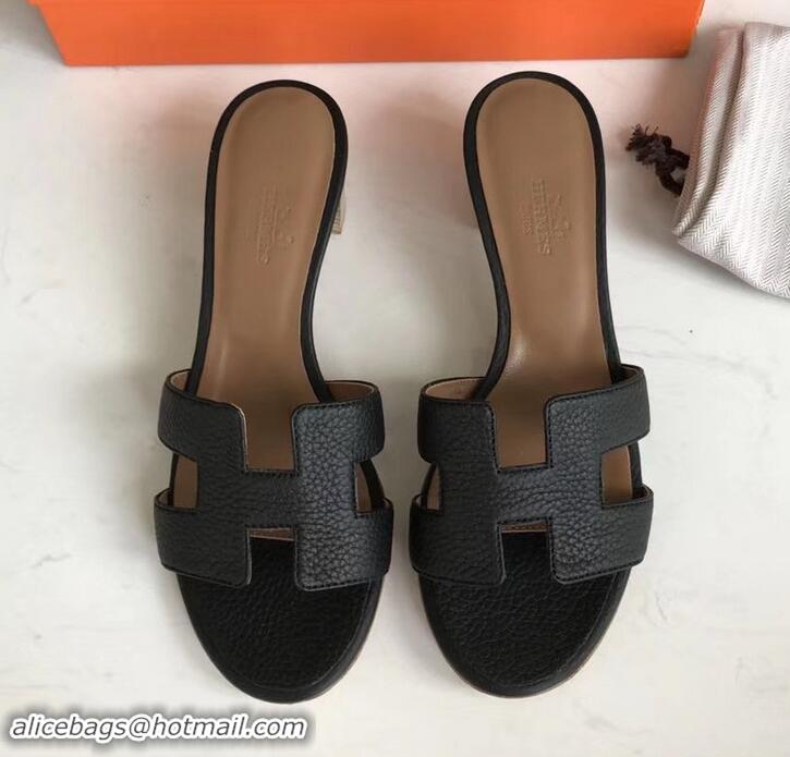 Expensive Hermes Heel 5cm Oasis Slipper Sandals in Togo Leather H701031 Black