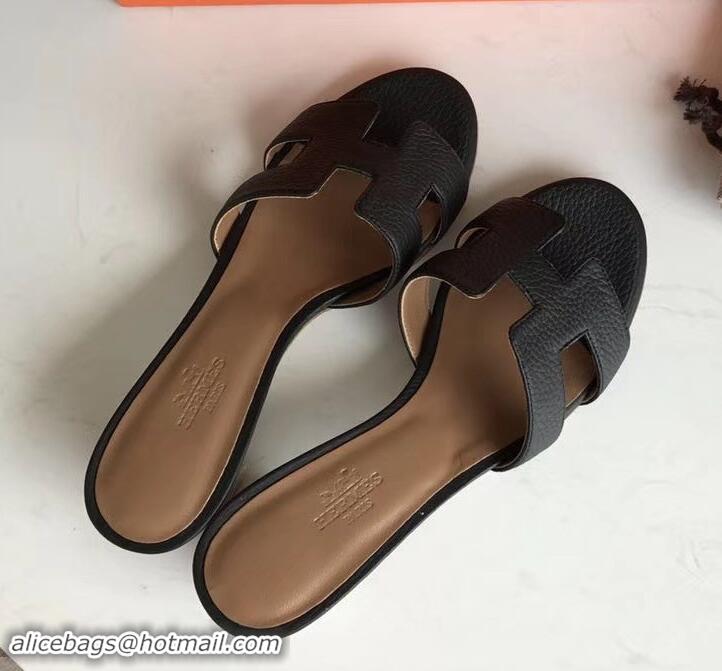 Expensive Hermes Heel 5cm Oasis Slipper Sandals in Togo Leather H701031 Black