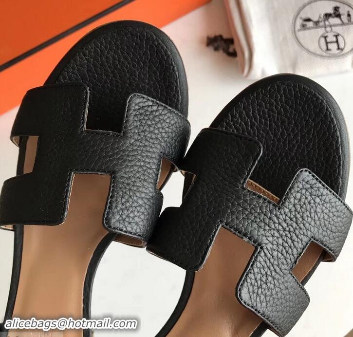 Expensive Hermes Heel 5cm Oasis Slipper Sandals in Togo Leather H701031 Black