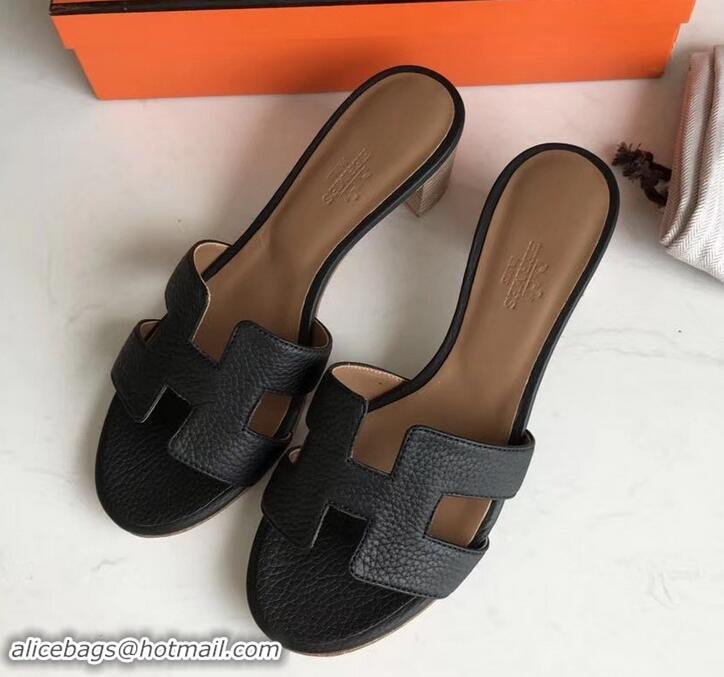 Expensive Hermes Heel 5cm Oasis Slipper Sandals in Togo Leather H701031 Black