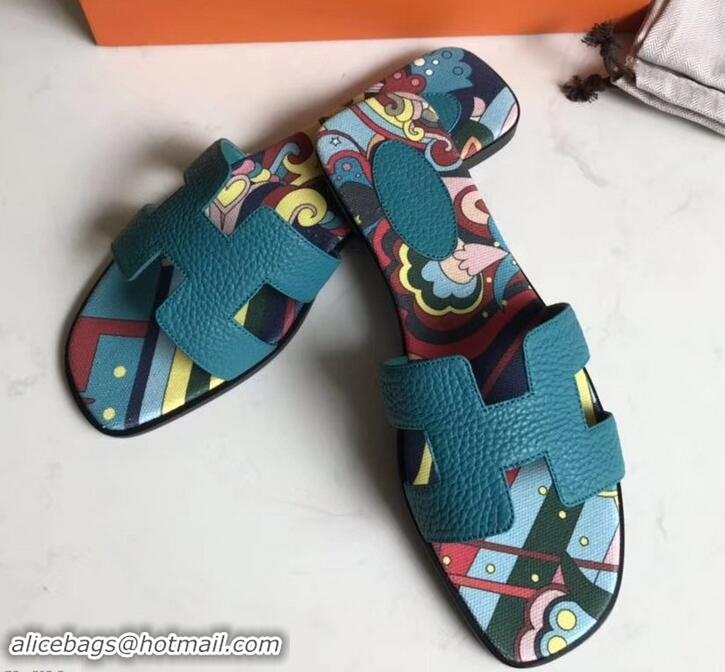 Luxurious Hermes Print Oran Flat Slipper Sandals H701038 Denim Blue