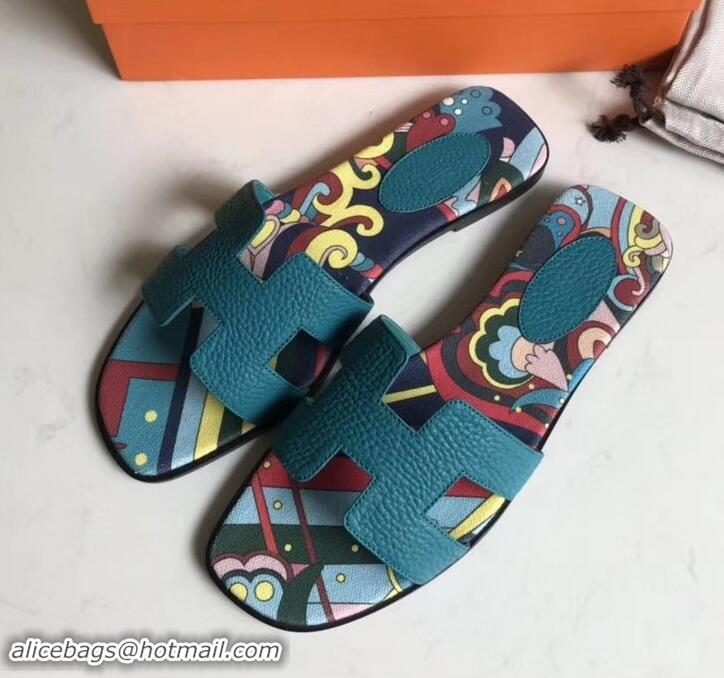 Luxurious Hermes Print Oran Flat Slipper Sandals H701038 Denim Blue