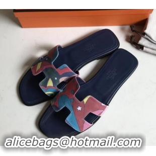 Hot Style Hermes Print Oran Flat Slipper Sandals H701038 Dark Blue