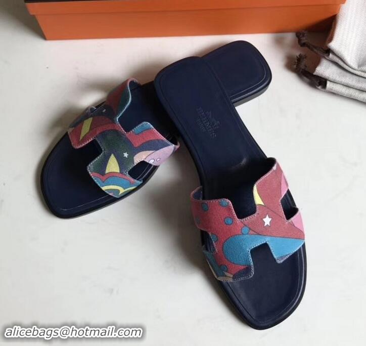 Hot Style Hermes Print Oran Flat Slipper Sandals H701038 Dark Blue