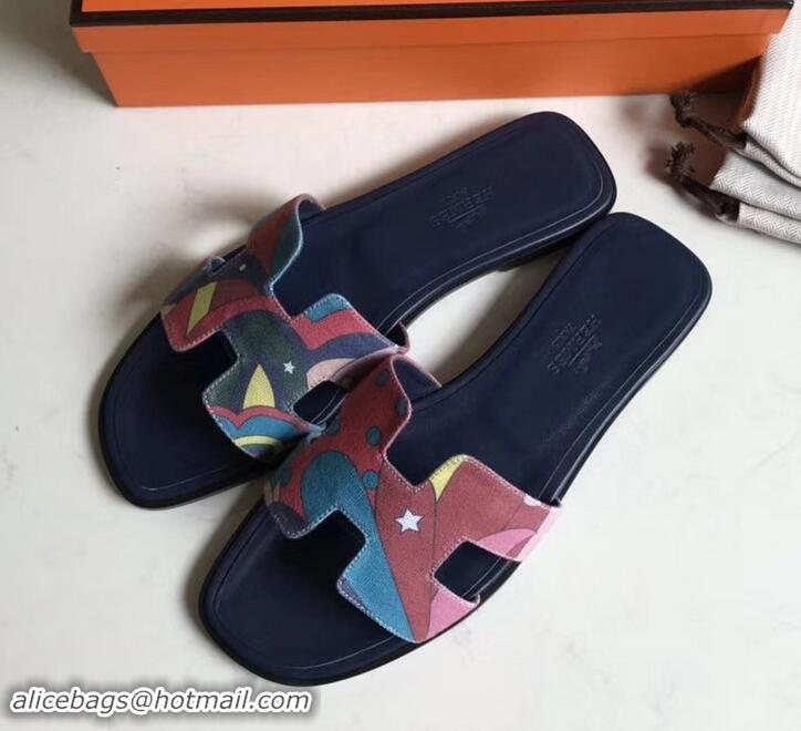 Hot Style Hermes Print Oran Flat Slipper Sandals H701038 Dark Blue