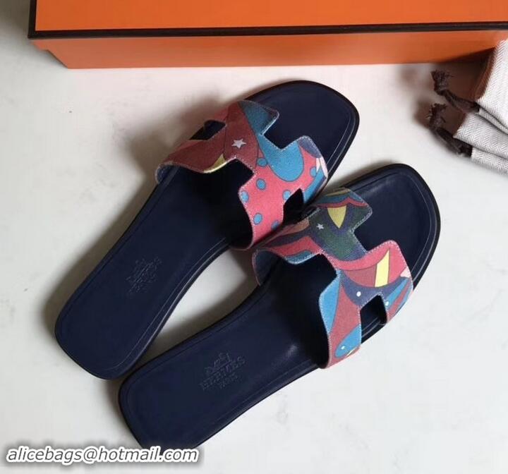 Hot Style Hermes Print Oran Flat Slipper Sandals H701038 Dark Blue