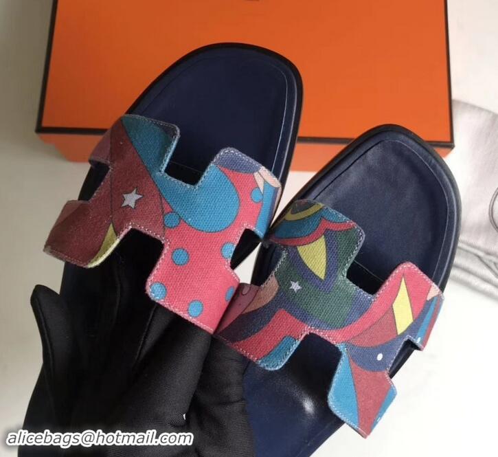 Hot Style Hermes Print Oran Flat Slipper Sandals H701038 Dark Blue