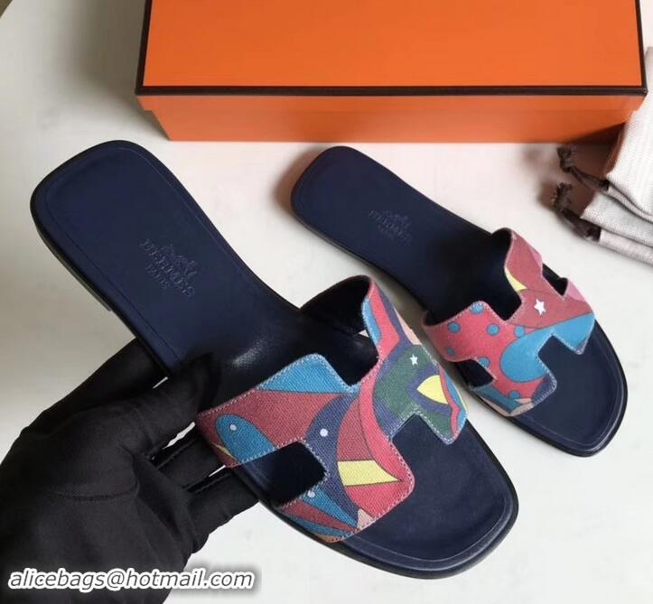 Hot Style Hermes Print Oran Flat Slipper Sandals H701038 Dark Blue