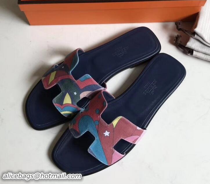 Hot Style Hermes Print Oran Flat Slipper Sandals H701038 Dark Blue