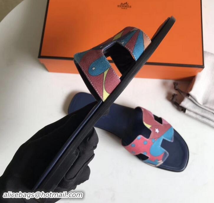 Hot Style Hermes Print Oran Flat Slipper Sandals H701038 Dark Blue