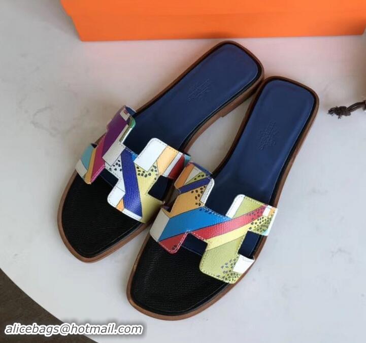 Stylish Hermes Print Oran Flat Slipper Sandals H701038 Black/Blue