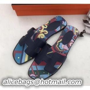 Best Grade Hermes Print Oran Flat Slipper Sandals H701038 Black