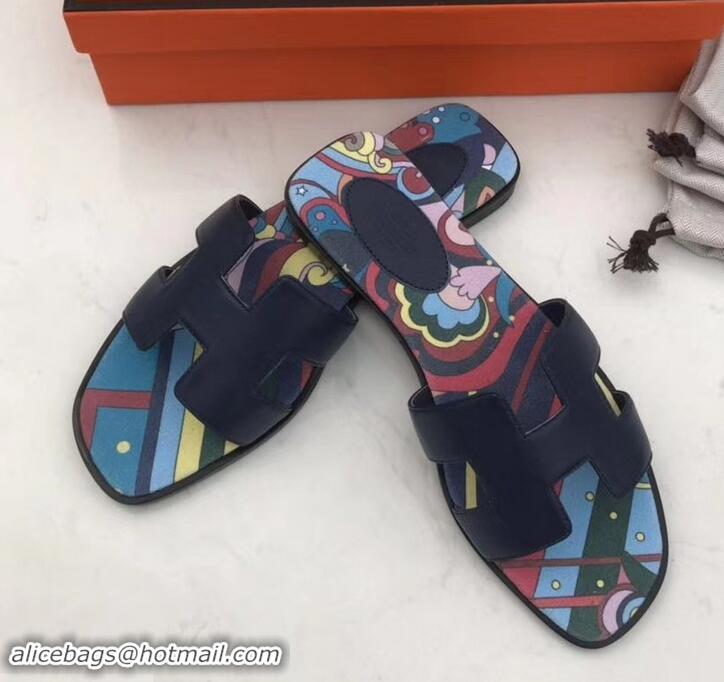 Best Grade Hermes Print Oran Flat Slipper Sandals H701038 Black